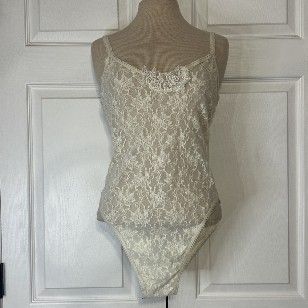 Vtg Ivory Floral Lace Bodysuit Lingerie 1-Piece Coquette Beaded Sheer Large 90's